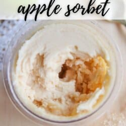 Top view of creamy apple sorbet in a container, with a smooth texture and swirls. Text on the image reads Ninja Creami Apple Sorbet on top and homemadeheather.com at the bottom. An apple and dried flowers are blurred in the background.