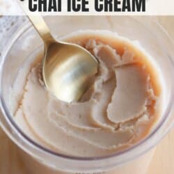 A gold spoon scooping creamy, light brown chai ice cream from a clear container. The image has text that reads ninja creami recipe chai ice cream and the website homemadeheather.com.