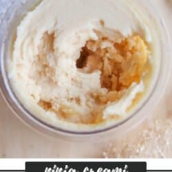 Close-up of a creamy apple sorbet in a transparent bowl on a wooden surface, with a metal spoon nearby. Text overlay reads ninja creami apple sorbet homemadeheather.com.