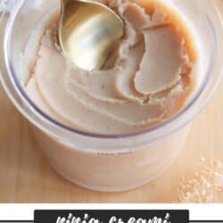 A gold spoon rests in a container of creamy, light brown chai ice cream. The text on the image reads ninja creami Chai Ice Cream homemadeheather.com.