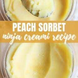 Close-up of a creamy, pale yellow peach sorbet in a container. A spoon with a scoop of sorbet is visible. Text overlay reads Peach Sorbet Ninja Creami Recipe with homemadeheather.com at the bottom.