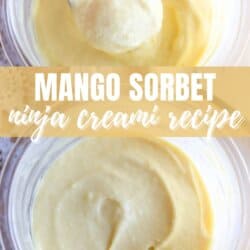 Two images show creamy mango sorbet in a clear container. The top image features a spoon scooping the sorbet. Text reads Mango Sorbet Ninja Creami Recipe and homemadeheather.com.