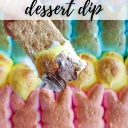 A colorful dessert dip featuring marshmallow Peeps in a rainbow of colors with melted chocolate. A graham cracker is being dipped into the mixture. Text overlay reads Peeps Smores Dessert Dip and homemadeheather.com.