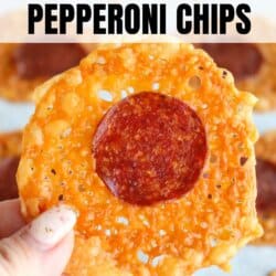 A hand holds a crispy chip with a slice of pepperoni in the center. More chips are visible in the background. Text on the image reads: 2-Ingredient Pepperoni Chips.