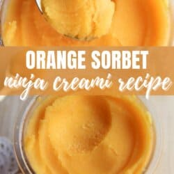 Close-up of two bowls of orange sorbet. The text reads Orange Sorbet Ninja Creami Recipe on a banner across the center. The bottom of the image includes the website name homemadeheather.com.