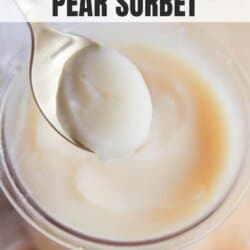 A spoonful of pear sorbet being lifted from a transparent container. The text ninja creami recipe pear sorbet is at the top, and homemadeheather.com is at the bottom.