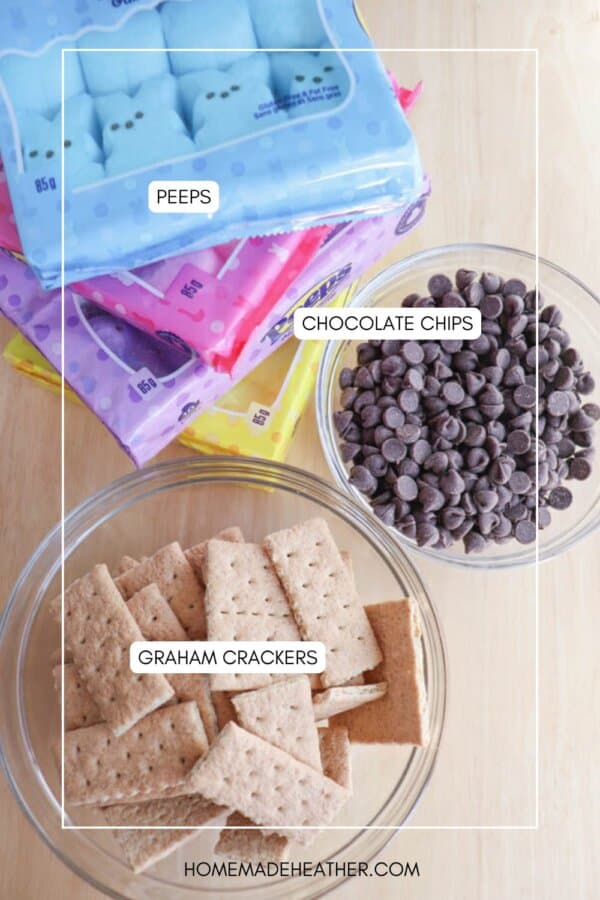 Bags of colorful Peeps marshmallows stacked on a table next to clear bowls containing chocolate chips and graham crackers. Labels are placed above each item, naming them.