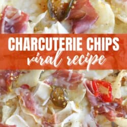 Close-up of a dish featuring charcuterie chips with meats, cheese, jalapeños, and red peppers. Text overlay reads Charcuterie Chips Viral Recipe with a website link: homemadeheather.com.