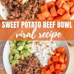 Two images of a sweet potato beef bowl, with ground beef, sweet potatoes, and cottage cheese. The top image shows a fork with guacamole, and the bottom image adds avocado slices. Text reads: Sweet Potato Beef Bowl Viral Recipe. Website: homemadeheather.com.
