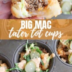 A hand holds a tater tot cup filled with ground beef, lettuce, cheese, and pickles. Below, muffin tin cups are shown filled with similar ingredients. Text reads Big Mac Tater Tot Cups with a website link below.