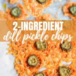 Hand holding a baked cheddar chip topped with a dill pickle slice. More chips are shown on parchment paper. Text overlay reads 2-Ingredient Dill Pickle Chips and homemadeheather.com.