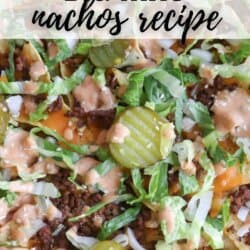 A close-up of Big Mac nachos topped with ground beef, shredded lettuce, pickles, cheese, and special sauce. Text at the top reads โBig Mac nachos recipe.โ Website homemadewithheather.com is at the bottom.
