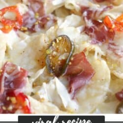 A close-up of charcuterie chips topped with slices of meat, cheese, jalapeños, and red peppers. The bottom text reads Viral Recipe Charcuterie Chips with a website name homemadeheather.com.