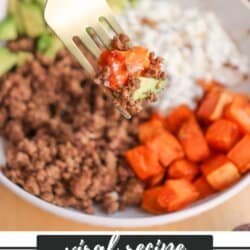 A fork holds sweet potato, beef, and avocado pieces over a bowl filled with ground beef, diced sweet potatoes, avocado, and rice. Text on the image reads viral recipe: Sweet Potato Beef Bowl and homemadeheather.com.