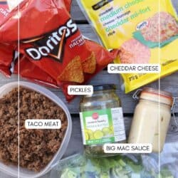 Ingredients for a taco salad are displayed: a bag of Doritos, a packet of shredded cheddar cheese, a bowl of cooked taco meat, a jar of pickles, a jar of Big Mac sauce, and a bowl of lettuce. Labels identify each item.