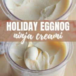Top-down view of creamy eggnog ice cream in a container, with a spoon scooping some out. Text overlay reads Holiday Eggnog Ninja Creami and homemadeheather.com.