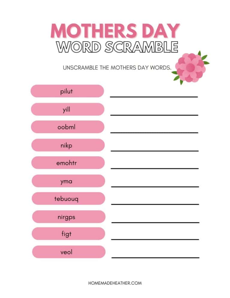 Mothers Day word scramble worksheet featuring ten scrambled words in pink boxes, answer lines, floral accents, and the instruction: Unscramble the Mothers Day words. Perfect for celebrating and learning!.