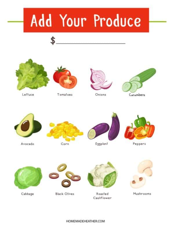 Illustration of a produce order sheet featuring lettuce, tomatoes, onions, cucumbers, avocado, corn, eggplant, peppers, cabbage, black olives, roasted cauliflower, and mushrooms—perfect for taco stand printables. Blank space for pricing at the top.