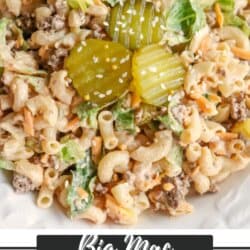 A plate of Big Mac pasta salad with macaroni, ground beef, lettuce, shredded cheese, pickles, and sesame seeds, with a label reading Big Mac Pasta Salad homemadHeather.com.