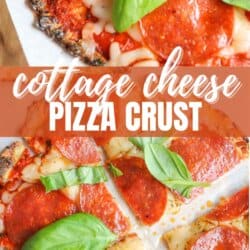 Close-up of pepperoni pizza slices on a parchment-lined surface, topped with fresh basil. Text over the image reads Cottage Cheese Pizza Crust and homemadeheather.com at the bottom.