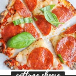 Close-up of pepperoni pizza slices with fresh basil on top, featuring melted cheese on a golden crust. Text over image reads: Cottage Cheese Pizza Crust Recipe homemadheather.com.