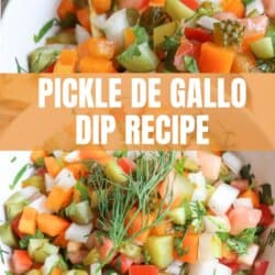 A bowl of colorful Pickle de Gallo dip with diced pickles, tomatoes, onions, peppers, and fresh herbs, garnished with dill. Text overlay reads: PICKLE DE GALLO DIP RECIPE and homemadheather.com.