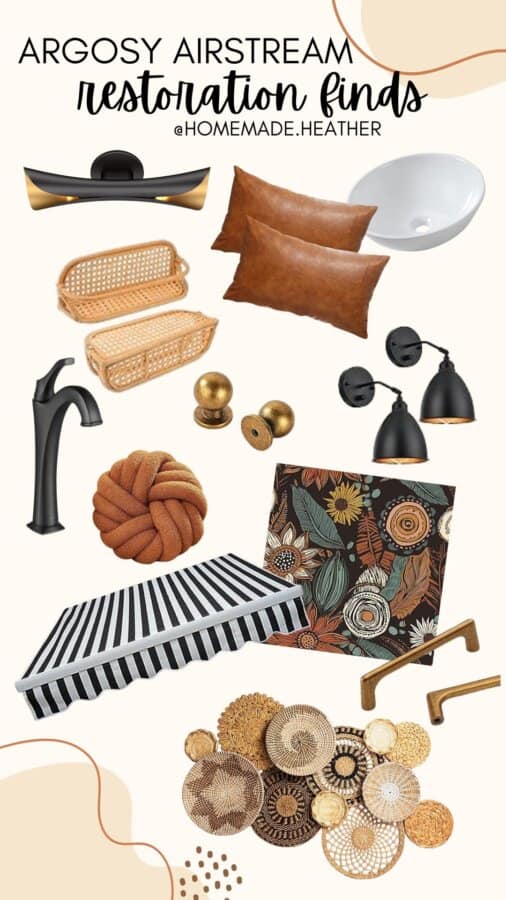A collage of Argosy Airstream restoration items including brass hardware, leather pillows, woven baskets, a black faucet, modern wall sconces, a ceramic sink, a striped awning, a floral rug, and decorative woven mats.