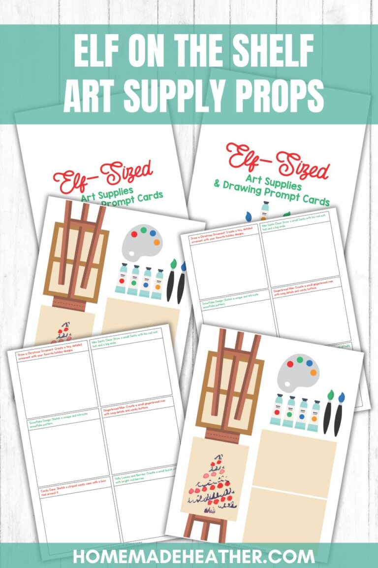 Four printable sheets titled Elf-Sized Art Supplies & Drawing Prompt Cards featuring easels, paint palettes, and paint tubes, designed as art supply props for Elf on the Shelf activities.