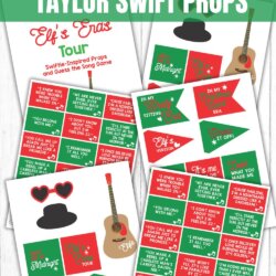 Printable Elf on the Shelf Taylor Swift Props sheets featuring colorful Swiftie-inspired song cards, mini pennant flags, a guitar, and a black hat, set on a white wood background.