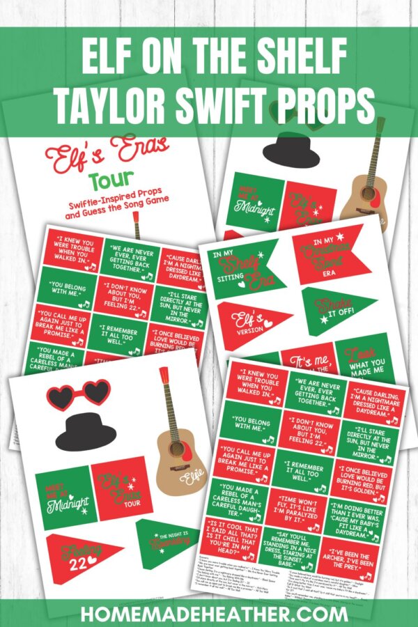 Printable Elf on the Shelf Taylor Swift Props sheets featuring colorful Swiftie-inspired song cards, mini pennant flags, a guitar, and a black hat, set on a white wood background.