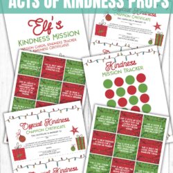 A set of printable Elf on the Shelf kindness-themed activity sheets, including kindness mission cards, trackers, and certificates, displayed on a white wood background with bold text headline at the top.