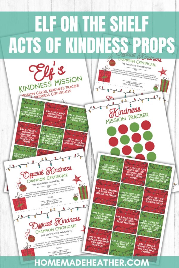 nature bingo printables A set of printable Elf on the Shelf kindness-themed activity sheets, including kindness mission cards, trackers, and certificates, displayed on a white wood background with bold text headline at the top.