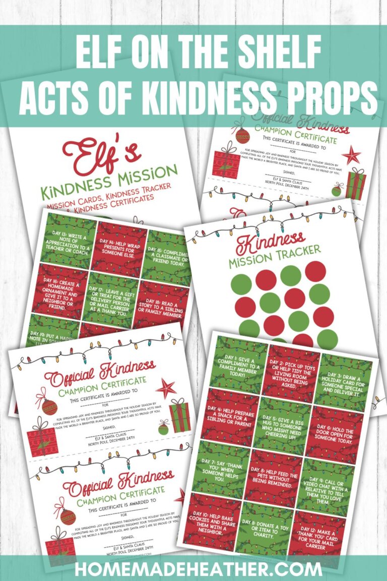 A set of printable Elf on the Shelf kindness-themed activity sheets, including kindness mission cards, trackers, and certificates, displayed on a white wood background with bold text headline at the top.