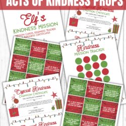 A set of colorful printables titled Elf on the Shelf Acts of Kindness Props includes kindness mission cards, tracker charts, and official kindness champion certificates in holiday red and green designs.