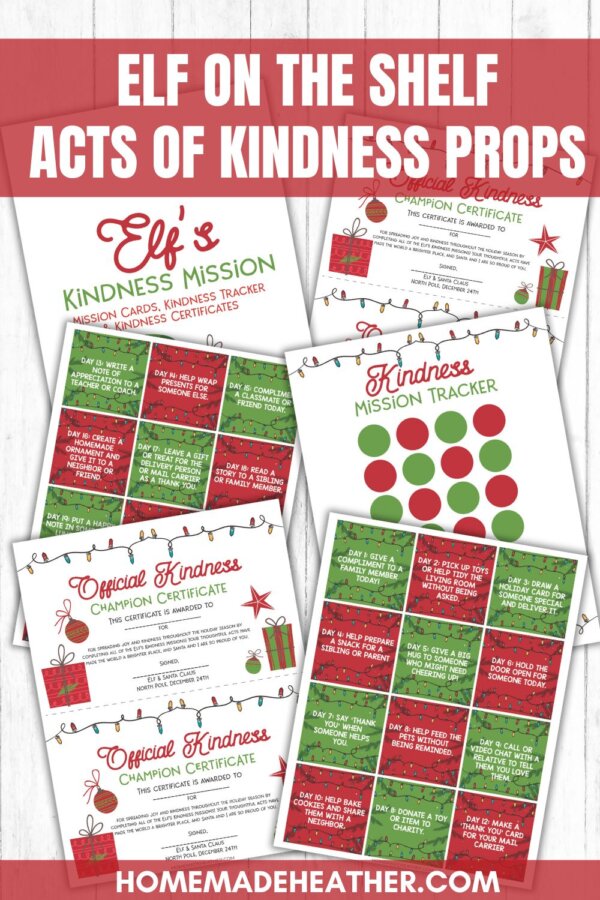 nature printable bingo sheets A set of colorful printables titled Elf on the Shelf Acts of Kindness Props includes kindness mission cards, tracker charts, and official kindness champion certificates in holiday red and green designs.
