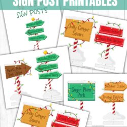 A collection of printable Elf on the Shelf signs and posts, including colorful directional signs labeled North Pole, Gingerbread Bakery, Sugar Plum Park, Sleigh Ride Station, and more, arranged on a white background.