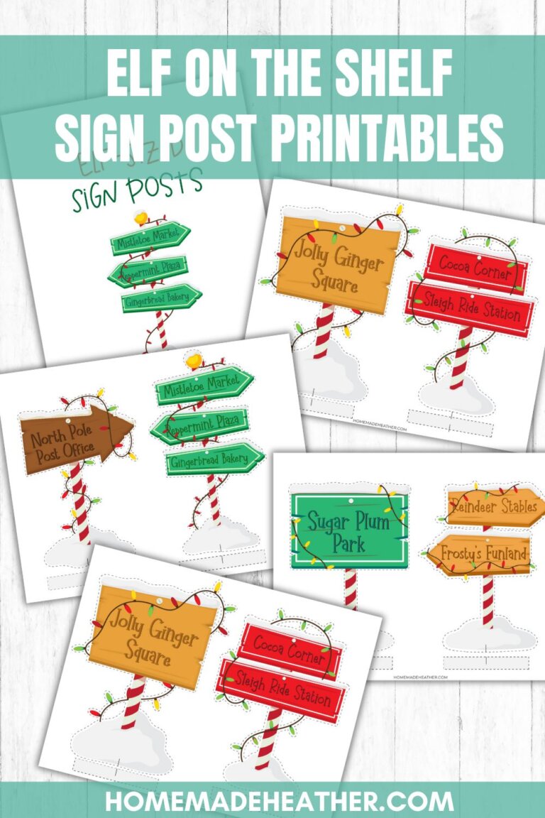 A collection of printable Elf on the Shelf signs and posts, including colorful directional signs labeled North Pole, Gingerbread Bakery, Sugar Plum Park, Sleigh Ride Station, and more, arranged on a white background.