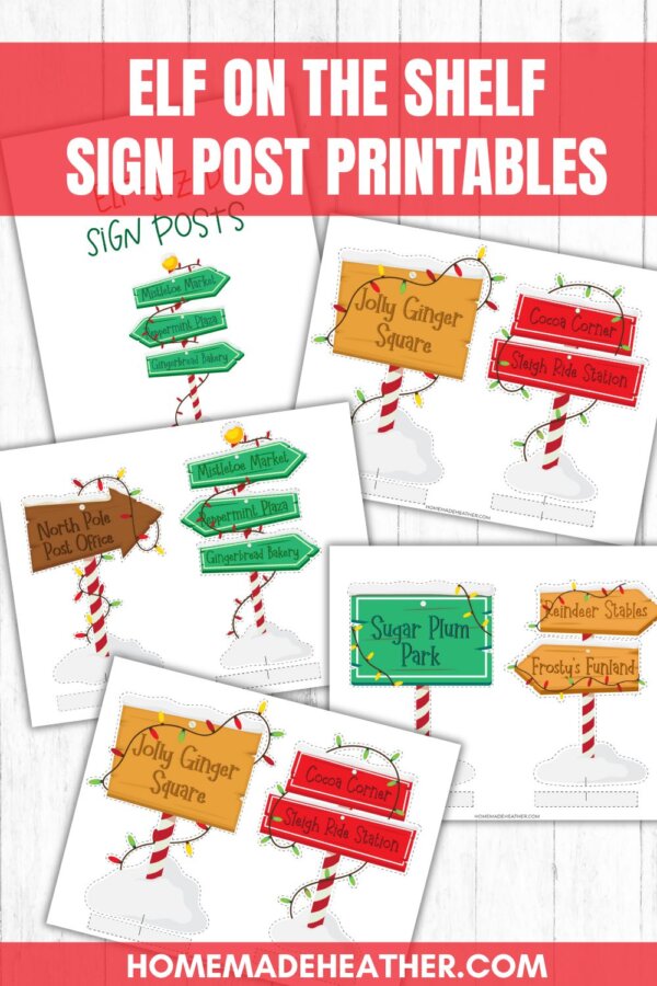 nature printable bingo sheets A collection of colorful printable Elf on the Shelf signposts, including directions to places like Jolly Ginger Square, Sugar Plum Park, and North Pole Post Office, displayed on a wood background.