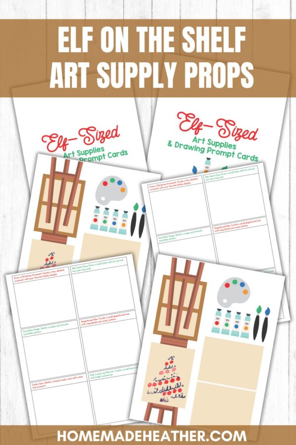 nature printable bingo sheets Four printable art prompt cards labeled Elf-Sized Art Supplies & Drawing Prompt Cards with illustrations of easels, paint palettes, and art supplies, displayed on a wooden background.