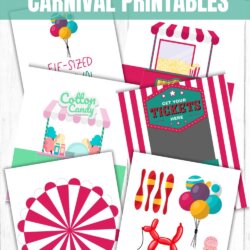 A collage of colorful carnival-themed printables for Elf on the Shelf, including popcorn, cotton candy, tickets, balloons, bowling pins, a balloon dog, an ice cream cone, and a red and white striped marquee.