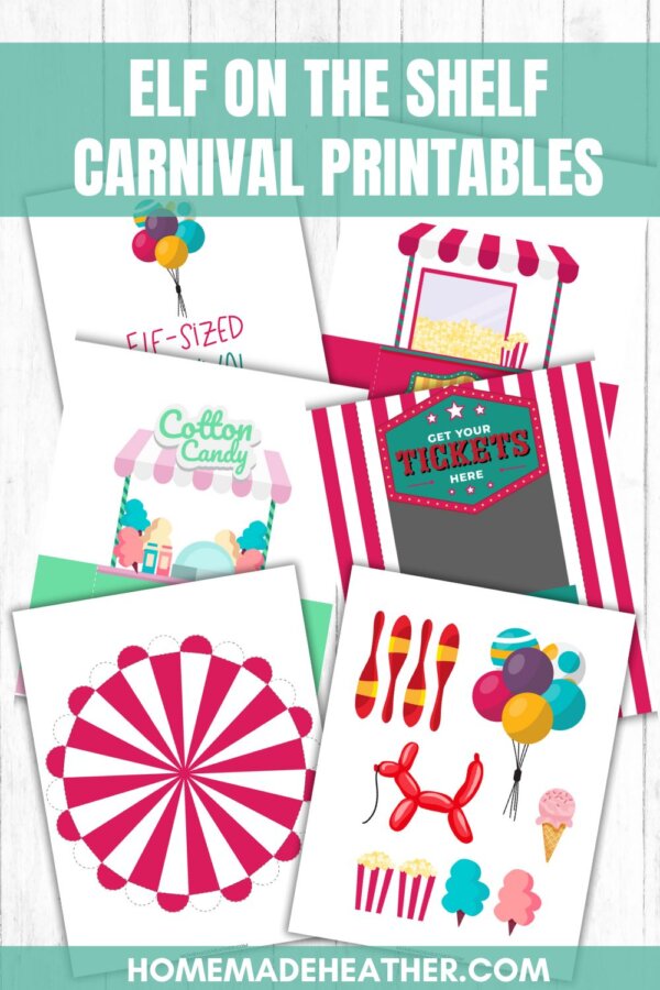 A collage of colorful carnival-themed printables for Elf on the Shelf, including popcorn, cotton candy, tickets, balloons, bowling pins, a balloon dog, an ice cream cone, and a red and white striped marquee.