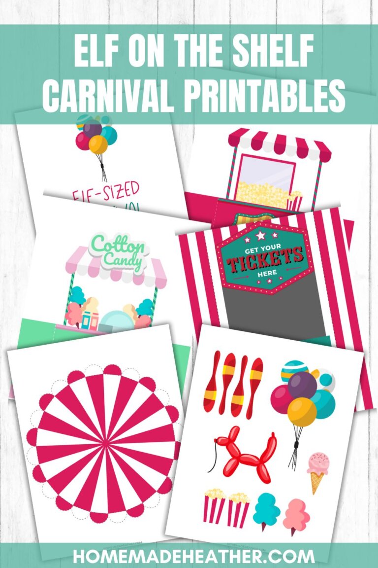 A collage of colorful carnival-themed printables for Elf on the Shelf, including popcorn, cotton candy, tickets, balloons, bowling pins, a balloon dog, an ice cream cone, and a red and white striped marquee.