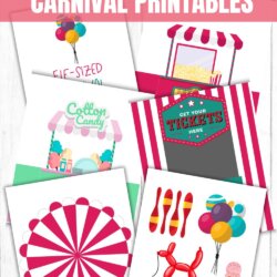 A set of colorful carnival-themed printables for Elf on the Shelf, including signs with balloons, popcorn, cotton candy, tickets, a circus tent, bowling pins, balloons, and ice cream. Text reads “Elf on the Shelf Carnival Printables.”.