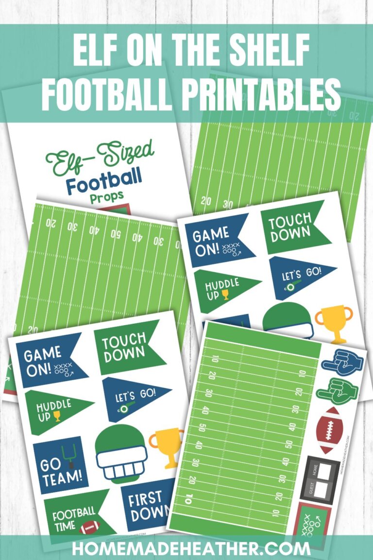 A promotional image for Elf on the Shelf Football Printables featuring printable football fields, flags, trophies, and sports props designed for Elf on the Shelf. The website homemadeheather.com is shown at the bottom.