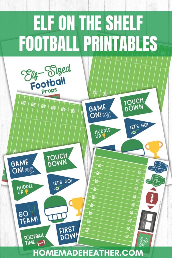 nature printable bingo sheets A set of printable football-themed props for Elf on the Shelf, including football fields, scoreboards, pennants, trophies, and football gear, displayed on a white wooden background with green and blue accents.