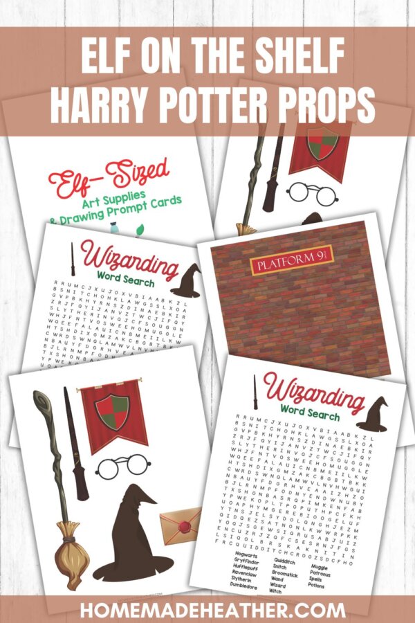 nature printable bingo sheets Five printable Harry Potter-themed activity sheets for Elf on the Shelf, including drawing prompts, word searches, and images of wands, hats, shields, and the Platform 9ยพ sign. Text overlay reads ELF ON THE SHELF HARRY POTTER PROPS.