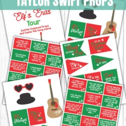 Four colorful printable sheets of Taylor Swift-inspired Elf on the Shelf props, including song lyrics, holiday banners, hats, and guitars, displayed on a wood surface. Text header reads: Elf on the Shelf Taylor Swift Props.