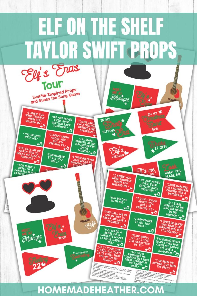Four colorful printable sheets of Taylor Swift-inspired Elf on the Shelf props, including song lyrics, holiday banners, hats, and guitars, displayed on a wood surface. Text header reads: Elf on the Shelf Taylor Swift Props.