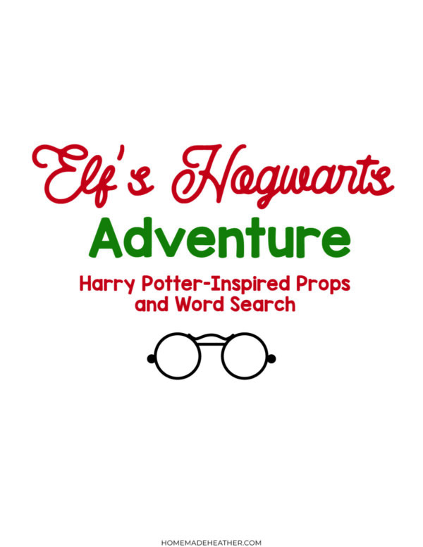 unnamed file Text reads: Elfโs Hogwarts Adventure. Harry Potter-Inspired Props and Word Search. Below the text is a simple drawing of round glasses. The background is white.