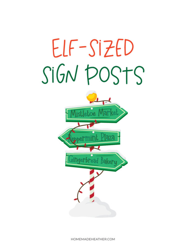 unnamed file An illustration of three green signposts labeled Mistletoe Market, Peppermint Plaza, and Gingerbread Bakery with an elf peeking over the top sign and red-striped pole, titled Elf-Sized Sign Posts.